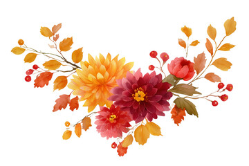 A vibrant watercolor illustration showcases an array of autumnal blooms, bursting with color and the spirit of the season. Capturing the delicate petals, warm hues, and intricate details.