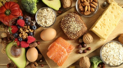 Assortment of nutritious foods on wooden table, showcasing a balanced diet.