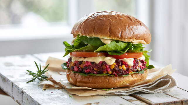 Freshly baked brioche buns cradle the plant-based buger filled with lentil andbeetroot patty.