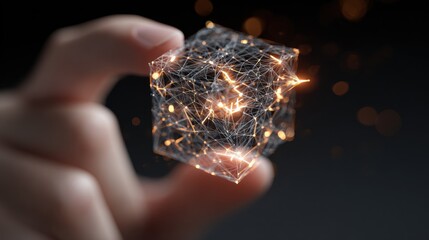 Glowing Network Cube Held by Hand