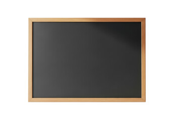 A rectangular blank dark gray chalkboard with a polished light brown wooden frame, centered on a seamless transparent background with soft shadow and copy space, concept of learning and new ideas