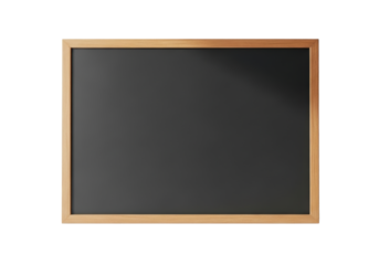 A rectangular blank dark gray chalkboard with a polished light brown wooden frame, centered on a seamless transparent background with soft shadow and copy space, concept of learning and new ideas