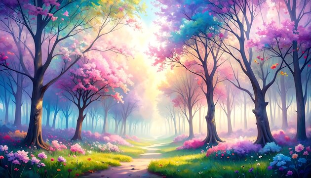 Colorful, sunlit path through a magical forest - Powered by Adobe