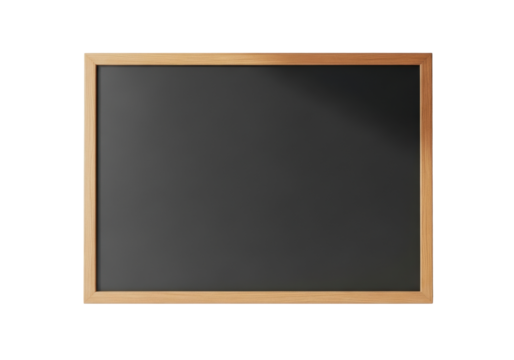 A rectangular blank dark gray chalkboard with a polished light brown wooden frame, centered on a seamless transparent background with soft shadow and copy space, concept of learning and new ideas