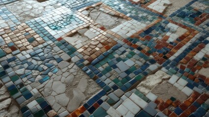 Damaged mosaic floor tiles