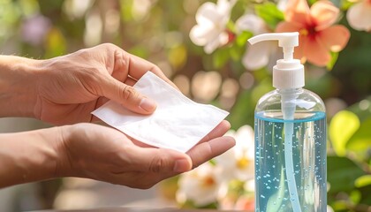 A person's hands hold a facial tissue while a bottle of hand sanitizer is visible in the background, showcasing hygiene practices outdoors.