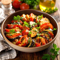 Colorful roasted vegetables layered in a rustic bowl