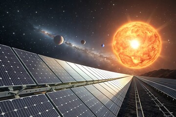 Gigantic solar farm collects energy from distant star amidst cosmic nebula and galactic wonders