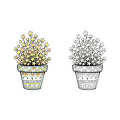 Cute Star Plant Pot Illustration - Color and Line Art Version