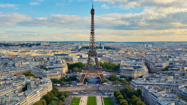 drone shot of Eiffel Tower and Panoramic View of Paris Skyline under Blue Sky