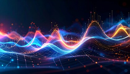 Abstract digital art with undulating lines and glowing particles in vibrant colors, creating a sense of data visualization