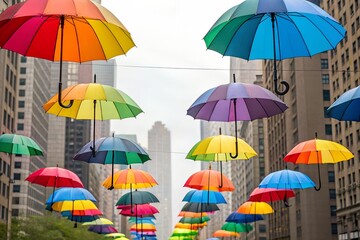 Colorful Umbrellas Floating Above City Street