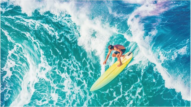 Athletic man surfing on vibrant yellow surfboard amidst powerful turquoise ocean waves, showcasing thrilling water sport action and adventure in sunny summer seascape.