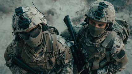 Two military soldiers wearing camouflage uniforms and equipped with helmets, masks, weapons and backpacks.