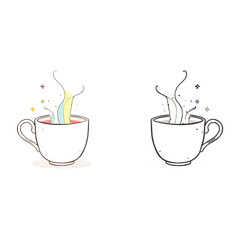 Illustration of two charming cups, one with vibrant, magical steam and the other with classic, monochrome vapor, showcasing a delightful contrast
