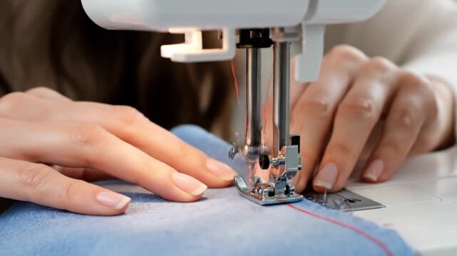A sewing machine with a needle piercing blue fabric guided by manicured hands using red thread