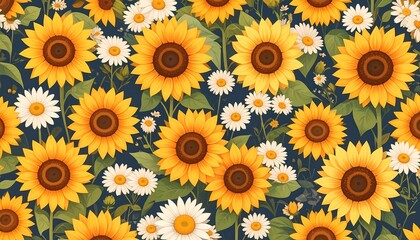 A vibrant floral pattern of sunflowers and daisies © mila