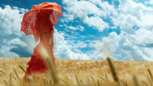 Woman with umbrella in field of wheat.