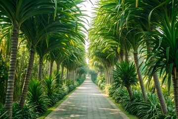 Lush Green Palm Tree Lined Pathway