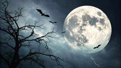 Spooky Halloween Night with Full Moon, Flying Bats, and Haunted Tree Illustration