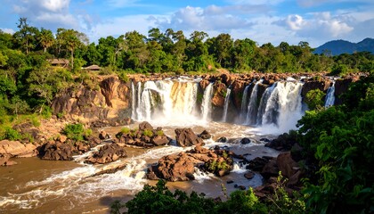 Fototapeta premium Spectacular waterfall cascades through lush rainforest scenery, a natural wonder