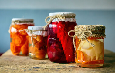 Colorful preserved fruits and vegetables displayed in glass jars on a wooden table in a bright room