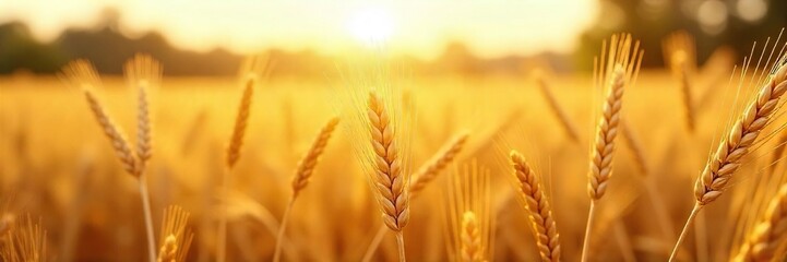 Golden wheat field ready for harvest, sun shining, ripe grains bowing under their weight  A picturesque summer scene of agricultural abundance , rural landscape, agricultural, sunlit