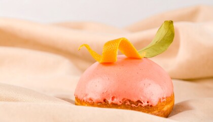 Pink glazed cake, orange zest, light beige backdrop