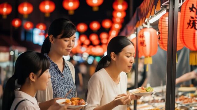 asian women enjoying asian street food at vibrant night market adorned with traditional red lanterns. travel, lifestyle, china national day. lively atmosphere and cultural experience.