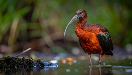 Scarlet ibis wading in shallow water