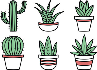 Collection of Six Adorable Cartoon Potted Cacti and Succulents