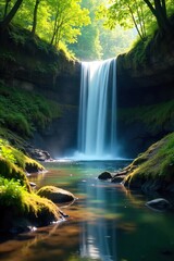 Serene waterfall cascading down moss-covered rocks into a tranquil creek below, surrounded by lush green foliage Sunlight dapples the water's surface creating shimmering reflections , gorge, lush