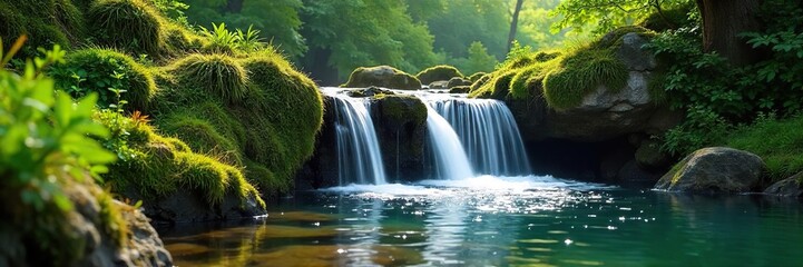 Serene Waterfall Cascading over Mossy Rocks in Lush Green Springtime Nature Scene