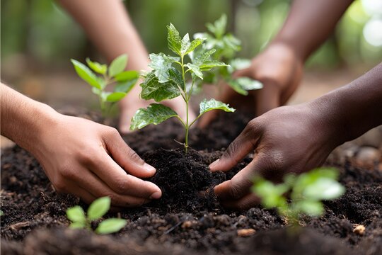 Community members planting young trees in a forest area Generative AI