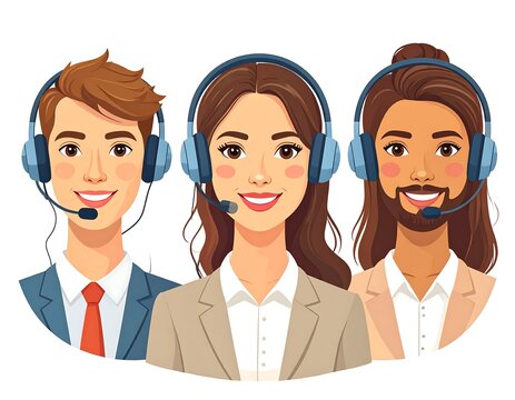 Three customer service representatives in business attire, wearing headsets, display friendly expressions.