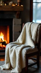 Cozy winter scene featuring a plush, textured throw blanket draped over a rustic wooden chair near a warm fireplace, creating a feeling of comfort and warmth , beige, snuggle
