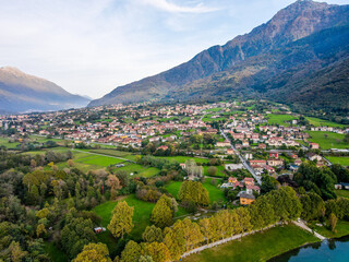 Obraz premium Aerial nature landscape sunset Piona village in Lake Como Italian Alps mountains in Lombardy