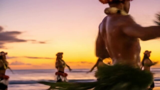 joyful hula dancer performs on beach at sunset, adorned with traditional grass skirt and floral lei. hawaiian cultural expression. event, travel, cultural celebration, tourism promotion.
