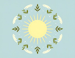 Lighthearted sun surrounded by stylized hands and leaves on a light blue background