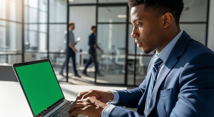 Focused young businessman typing on laptop with green screen in modern office, showcasing productivity and technology in a professional setting.