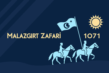 Naklejka premium Digital artwork of Malazgirt Victory 1071, silhouette of Turkish warriors on horseback with crescent symbols and flag, historical battle commemoration design.