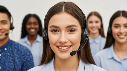 Confident female call center agent smiling during customer interaction. - Powered by Adobe