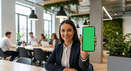Smiling businesswoman presents smartphone with green screen in modern office environment, showcasing technology and connectivity with a positive and professional vibe.