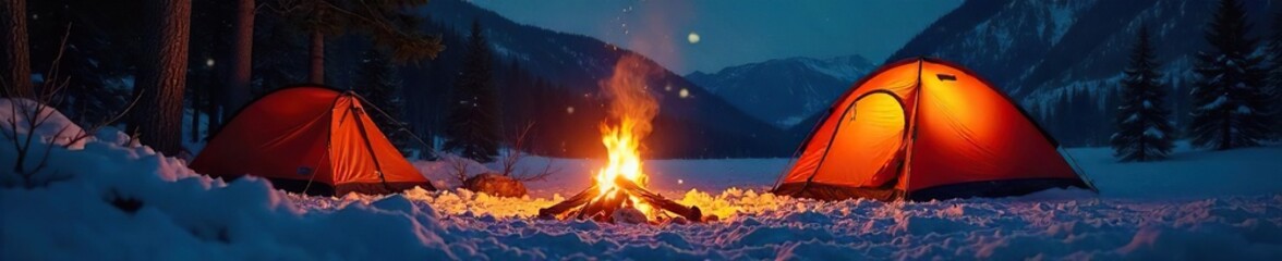 Cozy campfire scene at night, glowing embers casting a warm light on sleeping bags and tent  Perfect for winter camping or outdoor adventure themes ,  travel,  safety