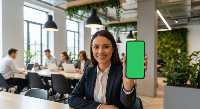 Smiling businesswoman presents smartphone with green screen in modern office environment, showcasing technology and connectivity with a positive and professional vibe. - Powered by Adobe
