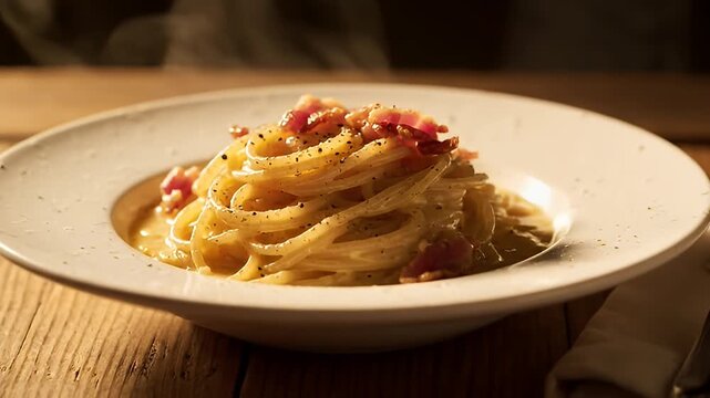 Close-up cinematic shot of creamy Spaghetti Carbonara pasta topped with crispy pancetta and black