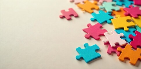 Close-up shot of assorted plain puzzle pieces, scattered on a neutral background Perfect for illustrating concepts of problem-solving, strategy, and completion , close up, puzzle pieces, building