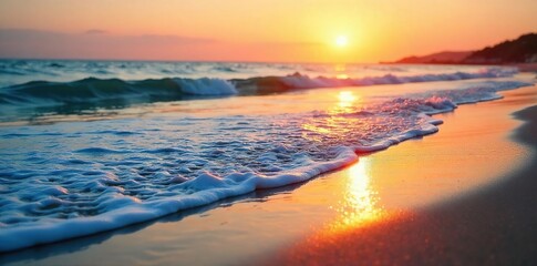 Serene, repetitive waves gently lapping a sandy shore at sunset, creating a peaceful and rhythmic pattern  The tranquil scene evokes calm and natural beauty ,  pattern,  sunrise,  repetitive
