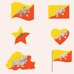 Bhutan Flag Set Collection. Waving, Flat, and Bunting Design with Dragon Symbol (Druk