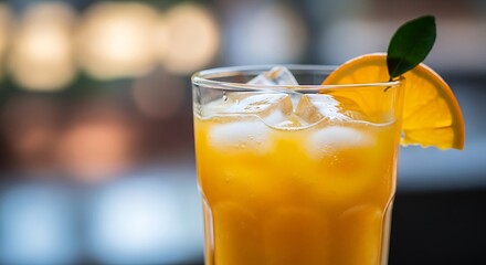 Refreshing orange beverage with ice and an orange slice garnish in a clear glass.